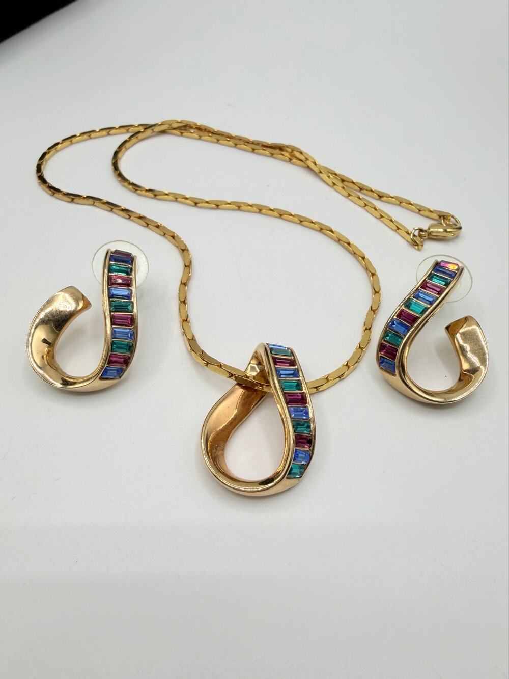 Vintage Swarovski Multicolor Baguette Crystal Necklace Earrings Set Gold Tone